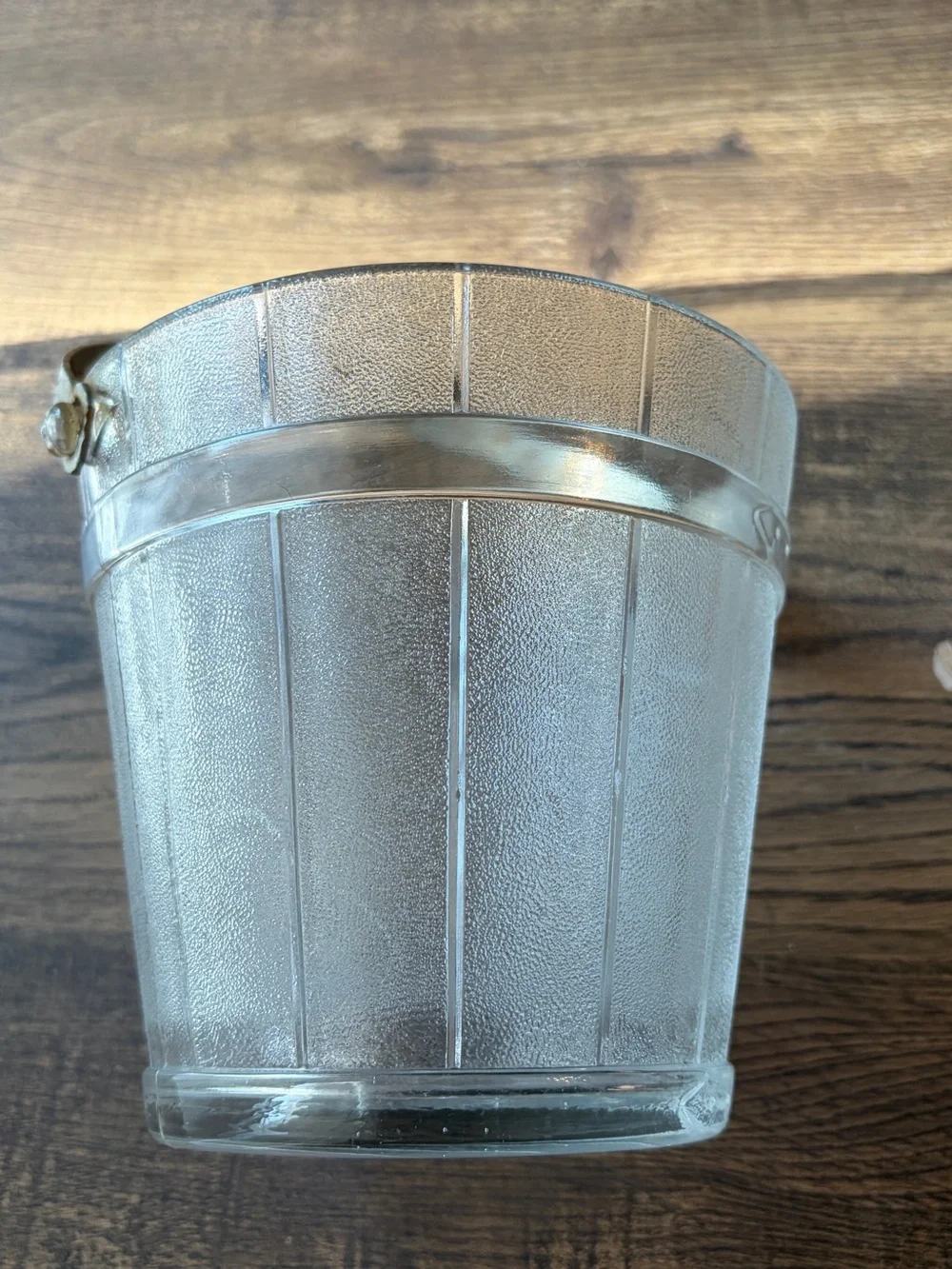 Vintage Clear Textured Glass Ice Bucket with Metal Swing Handle~Mid Century Era